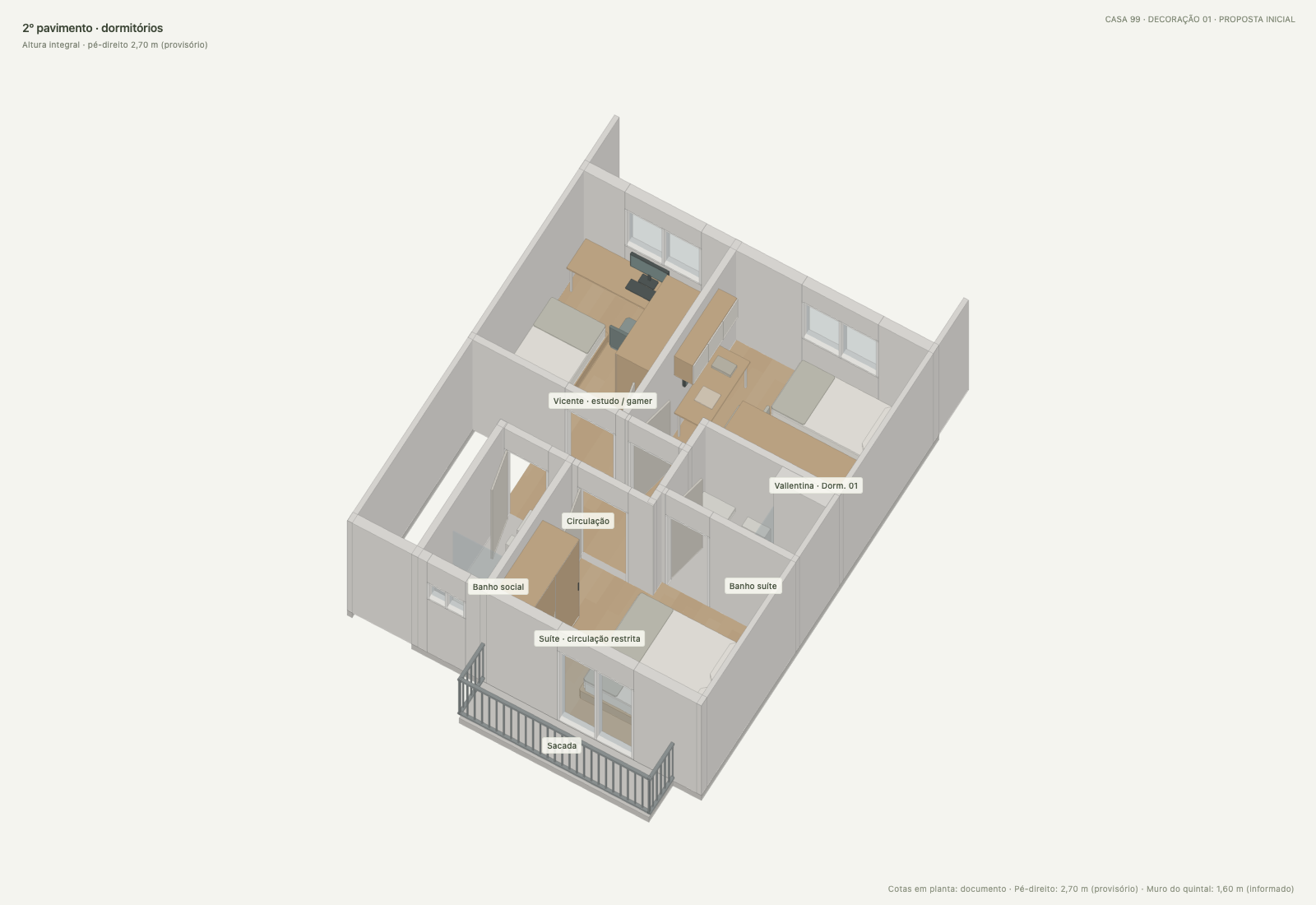 Primeira proposta de mobiliário dos dormitórios com piso de madeira clara.